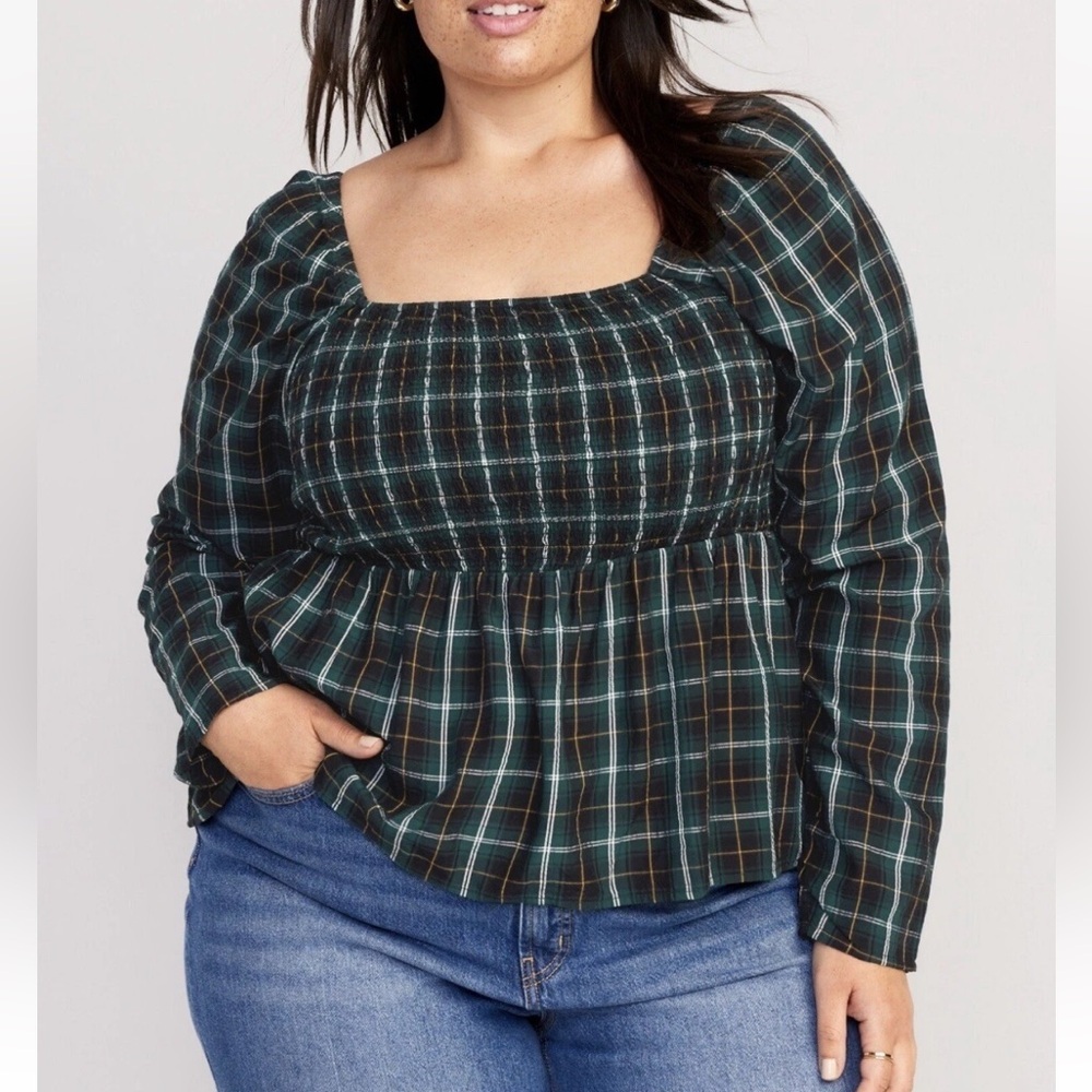 Old Navy Smocked Seersucker Top Green Tartan Long Sleeve Peplum Plus Size 2X